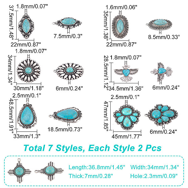 

PandaHall SUPERFINDINGS 14Pcs 7 Styles Tibetan Style Pendants Synthetic Turquoise Charms Rhombus Flower Teardrop Glede Pendants for Big...