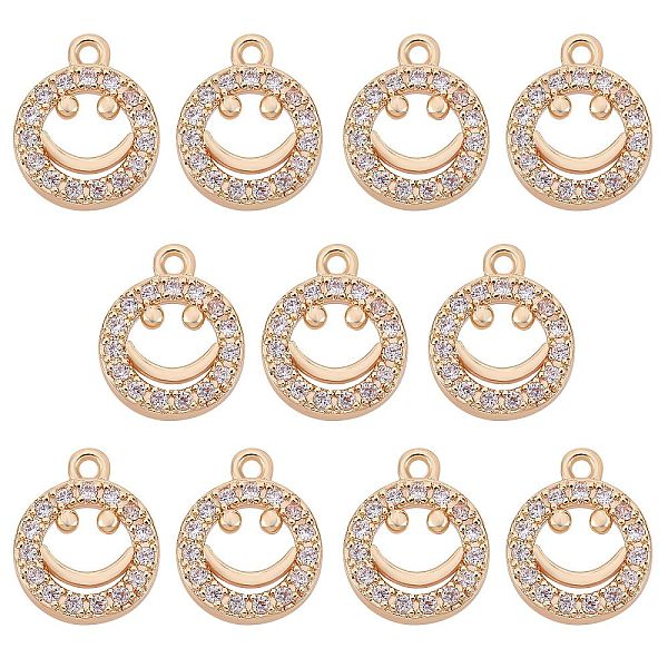 

PandaHall 10Pcs Rack Plating Brass Micro Pave Clear Cubic Zirconia Charms, Long-Lasting Plated, Flat Round with Smiling Face, Light Gold...