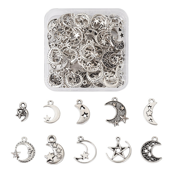 

PandaHall Spritewelry 100Pcs 10 Style Tibetan Style Alloy Pendants, Moon with Star, Antique Silver, 17~22x7~18x1~3.5mm, Hole: 1.4~3mm...