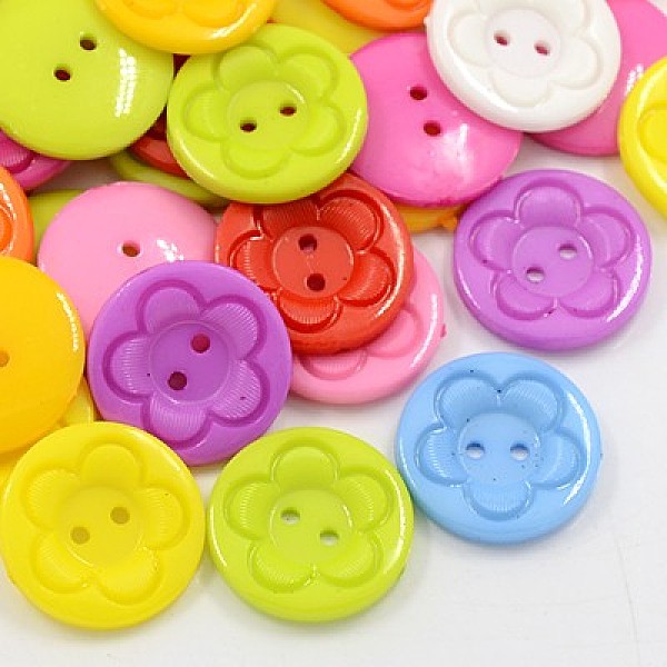 PandaHall Acrylic Sewing Buttons for Clothes Design, Plastic Shirt Buttons, 2-Hole, Dyed, Flat Round with Flower Pattern, Mixed Color...