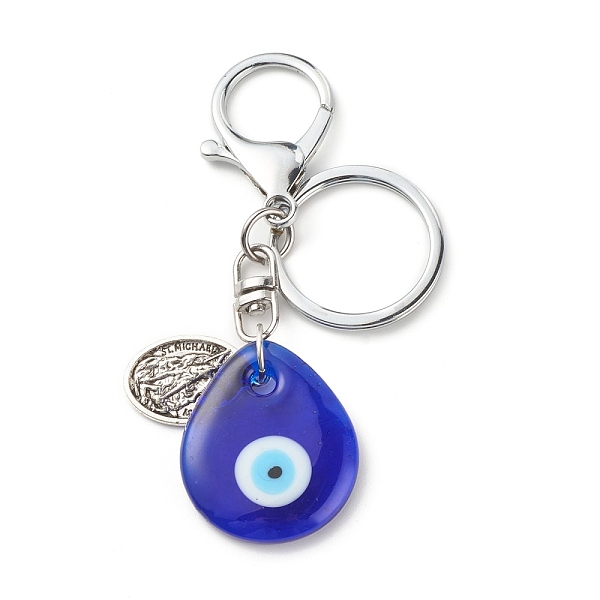 

PandaHall Alloy Keychains, with Tibetan Style Alloy Pendants and Handmade Lampwork Pendants, Teardrop with Evil Eye & Flat Round with Statue...