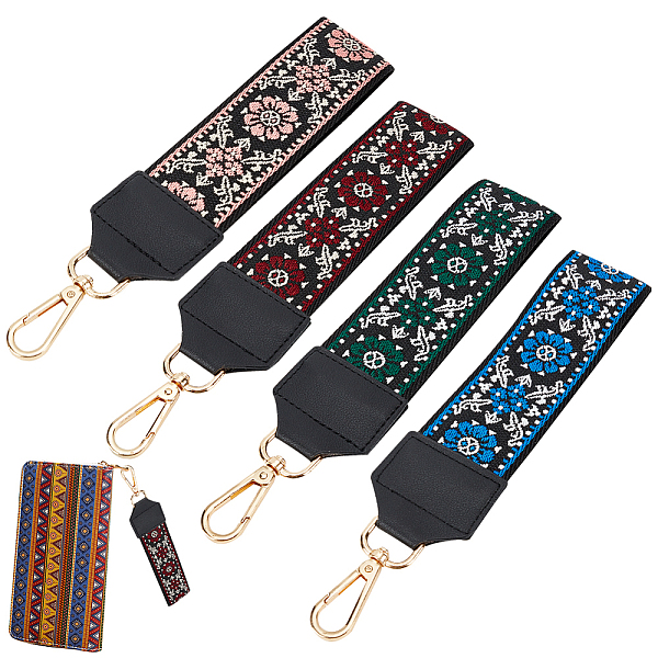 

PandaHall WADORN 4 Colors Keychain Wristlet Lanyard, Ethnic Style Webbing Wristlet Flower Pattern Purse Hand Wrist Strap Wallet Key ID Badge..., Multicolor