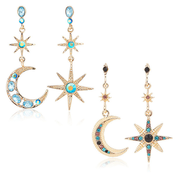 

PandaHall FIBLOOM 2 Sets 2 Styles Colorful Rhinestone Moon & Star Asymmetrical Earrings, Zinc Alloy Dangle Stud Earrings for Women, Light...