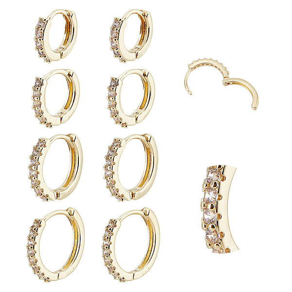 8Pcs 4 Styles Brass Clear Cubic Zirconia Hoop Earrings