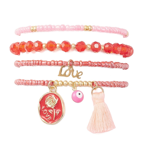 

PandaHall 4Pcs 4 Style Evil Eye Valentine's Theme Alloy Enamel & Polycotton(Polyester Cotton) Tassel Charm Bracelets Set, Glass Beaded..., Red