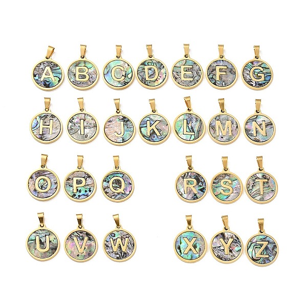 

PandaHall Vacuum Plating 304 Stainless Steel with Paua Shell Pendants, Golden, Flat Round with Letter Charm, Letter A~Z, 18x16x1.5mm, Hole...