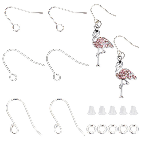 GOMAKERER 6 Pairs 3 Style 925 Sterling Silver Earring Hooks, Shepherd's Hook Ear Wire, with S925 Stamp and with 20Pcs Plastic Ear Nuts and 20Pcs Jump Rings, Silver, 10.5-18.5x12-14.5x0.5-1.5mm, Hole: 1.2-2mm, Pin: 0.5-0.7mm, 2 Pair/style