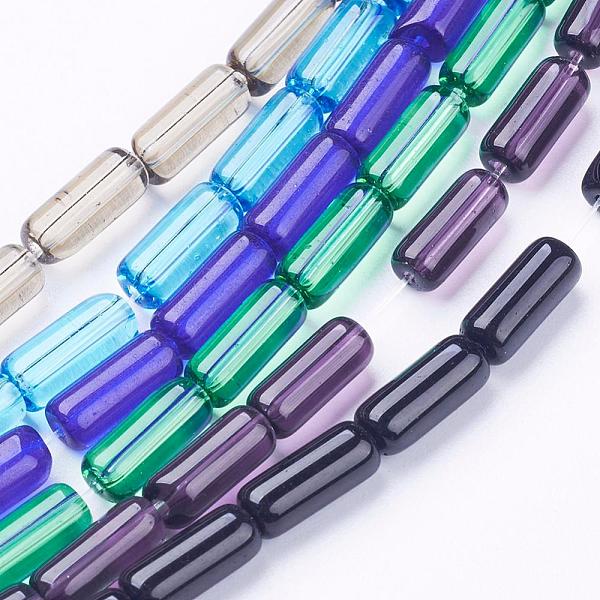 PandaHall Transparent Glass Beads Strands, Tube, Mixed Color, 9x4mm, Hole: 0.5mm, about 32~33pcs/strand, 12 inch Glass Tube Multicolor