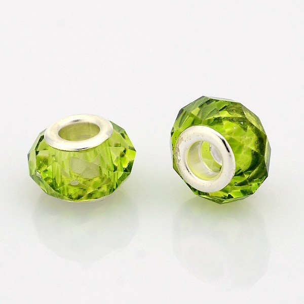 

PandaHall Faceted Glass European Beads, Large Hole Rondelle Beads, with Silver Color Plated Brass Cores, Yellow Green, 14x9mm, Hole: 5mm...
