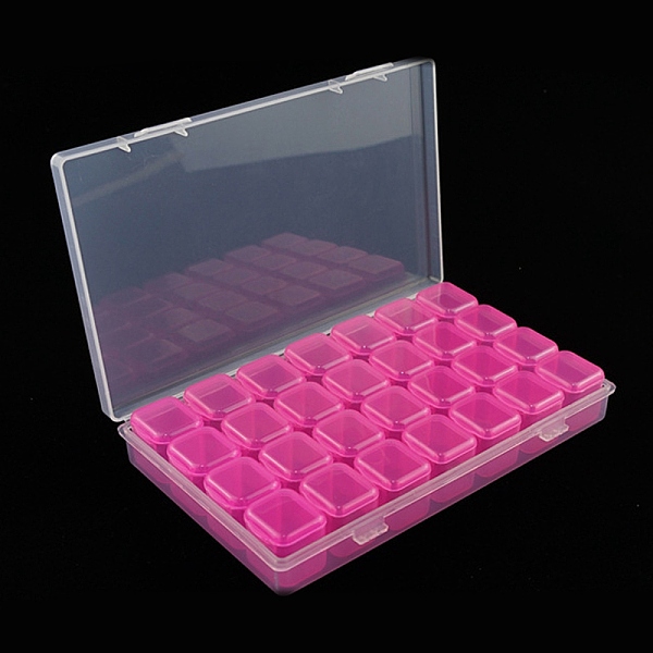 PandaHall Transparent Plastic 28 Grids Bead Containers, with Independent Bottles & Lids, Each Row 7 Grids, Rectangle, Fuchsia & Clear...