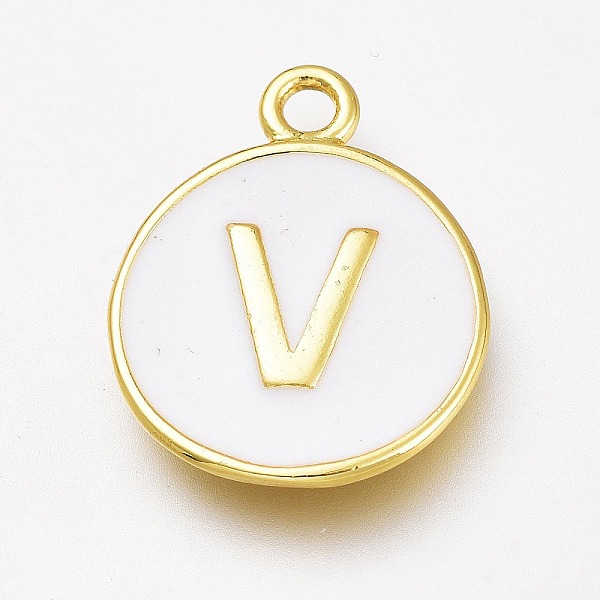 PandaHall Brass Enamel Pendants, Long-Lasting Plated, Golden, White, Flat Round, Letter. V, 16.5x13x2mm, Hole: 1.5mm Brass+Enamel Letter V...