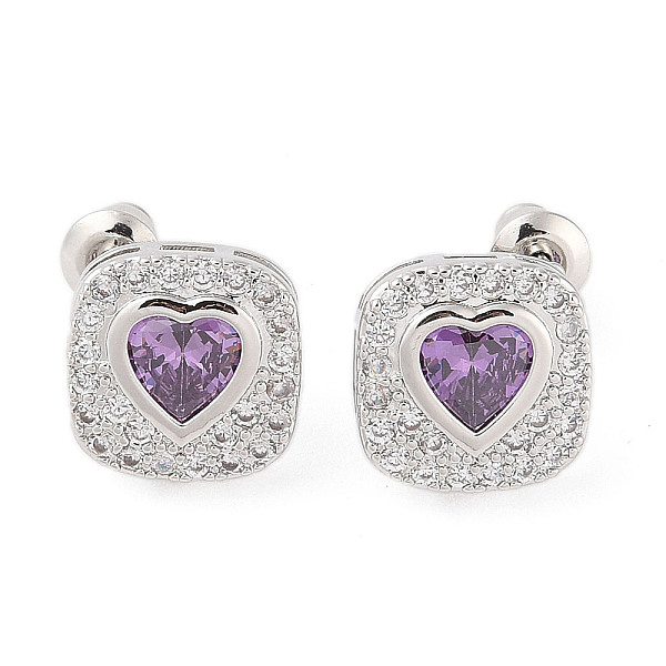 

PandaHall Rack Plating Brass Micro Pave Cubic Zirconia Stud Earrings, Long-lasting Plated, Square with Heart, Purple, 13x13mm Cubic Zirconia...