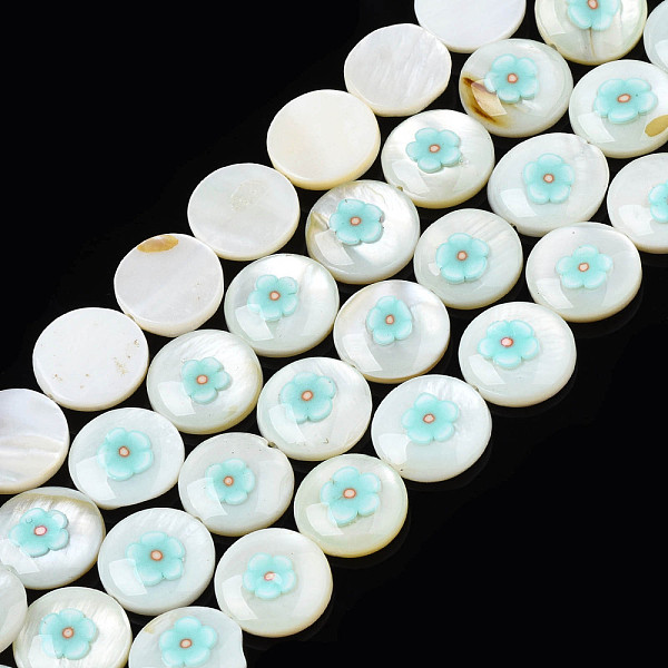 

PandaHall Natural Freshwater Shell Enamel Beads, Flat Round with Flower, Turquoise, 11x3mm, Hole: 0.8mm, about 32pcs/strand, 14.37 inch..., Green