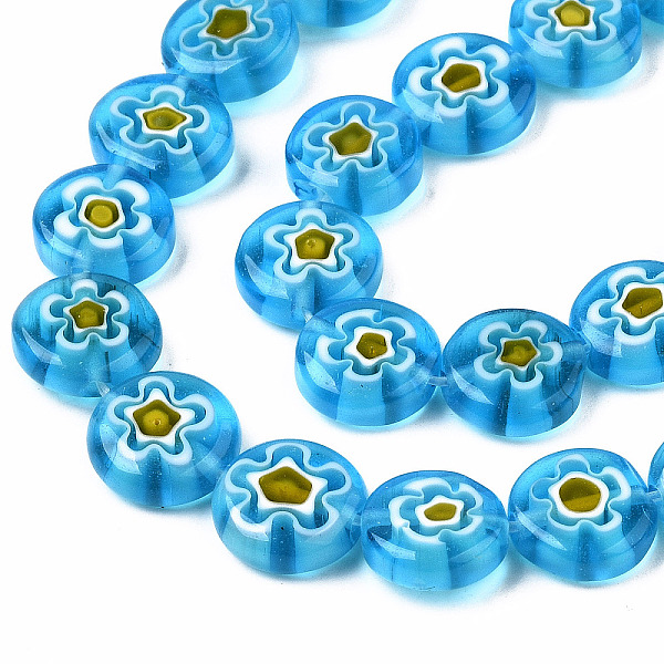 

PandaHall Handmade Millefiori Glass Bead Strands, Flat Round, Deep Sky Blue, 10x4mm, Hole: 1.2mm, about 40pcs/strand, 14.9 inch Millefiori...