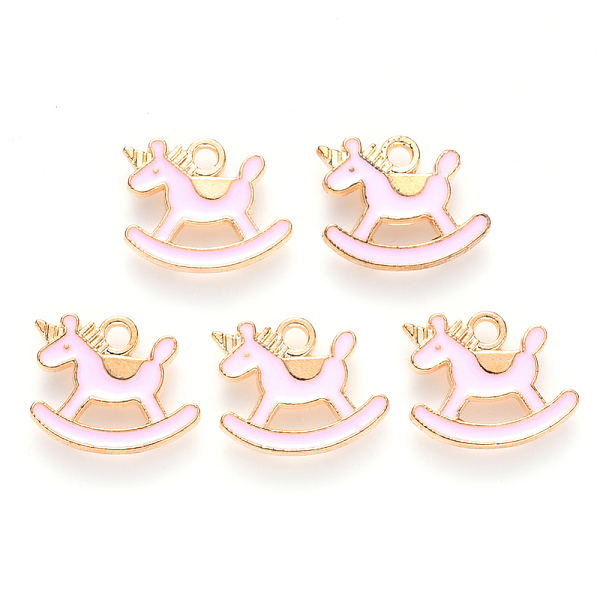 

PandaHall Alloy Enamel Pendants, Wooden Horse, Light Gold, Pink, 13x16x1.5mm, Hole: 1.8mm Alloy+Enamel Others Pink