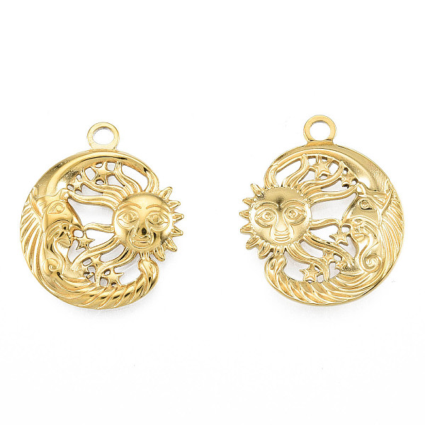 

PandaHall Ion Plating(IP) 201 Stainless Steel Pendants, Moon with Sun, Real 18K Gold Plated, 23.5x20x2.5mm, Hole: 2mm 201 Stainless Steel...