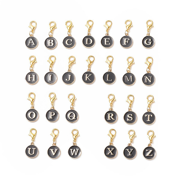 

PandaHall 26Pcs Black Flat Round with Letter Alloy Enamel Charms Pendant Decorations, with Alloy Lobster Claw Clasps, Golden, Letter A~Z...