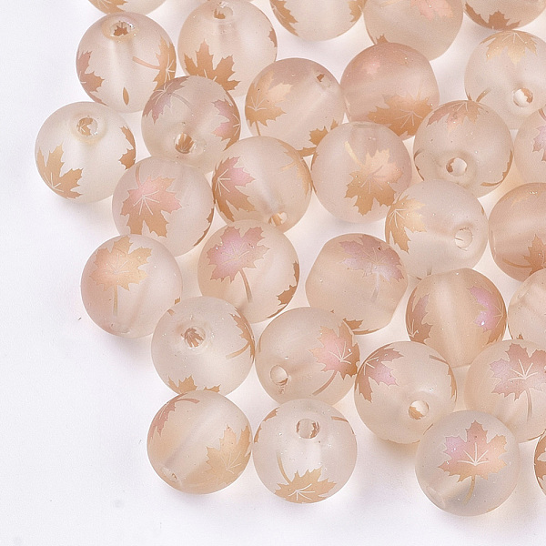 

PandaHall Autumn Theme Electroplate Transparent Glass Beads, Frosted, Round with Maple Leaf Pattern, Dark Salmon, 8~8.5mm, Hole: 1.5mm Glass..., Red