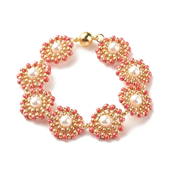 

PandaHall Shell Pearl Flower Link Bracelet, Glass Seed Braided Bracelet with Brass Magnetic Clasp for Women, Golden, Red, 7-1/2 inch(19cm)...
