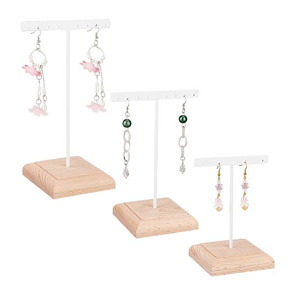 

PandaHall 3Pcs 3 Sizes Iron T Bar Earring Display Stands, with Square Wooden Base, Holds up to 10 Pairs Dangle Earring Display, White...