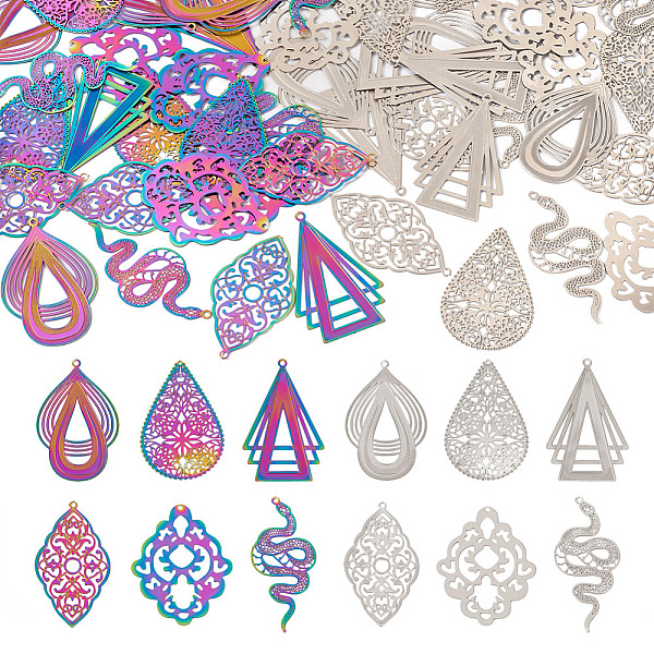 

PandaHall 48Pcs 12 Styles 304 Stainless Steel Pendants, Etched Metal Embellishments, Mixed Shapes, Mixed Color, 40~47x23~32.5x0.3mm, Hole...