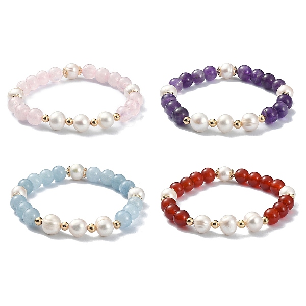 Pulsera Elástica Con Cuentas De Perlas Y Piedras Preciosas Mezcladas Naturales Para Mujer