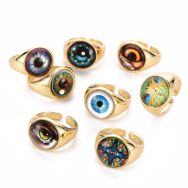 

PandaHall Brass Glass Cuff Rings, Open Rings, Cadmium Free & Nickel Free & Lead Free, Eye, Real 16K Gold Plated, Mixed Color, US Size 7 1/4..., Multicolor
