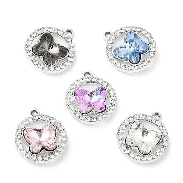 

PandaHall UV Plating Alloy Pendants, with Crystal Rhinestone and Glass, Cadmium Free & Lead Free, Flat Round with Butterfly Charms, Platinum..., Clear