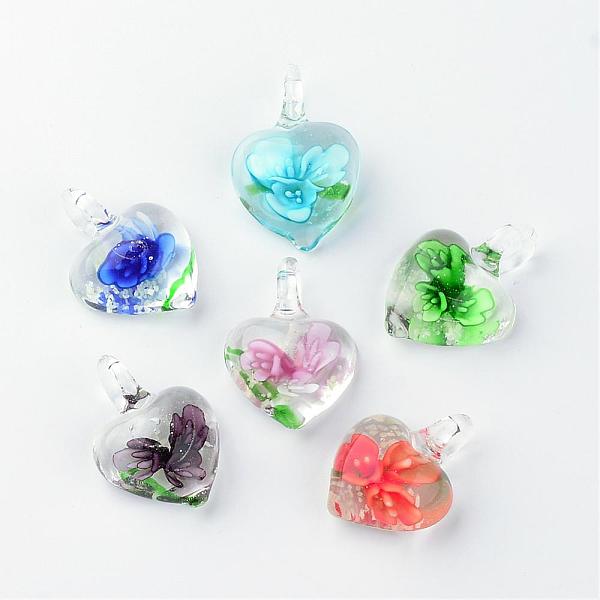 

PandaHall Handmade Luminous Lampwork Pendants, with Inner Flower, Heart, Mixed Color, 27~33x21~23x9~11mm, Hole: 4~7mm Lampwork Heart..., Multicolor