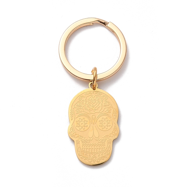 

PandaHall Sugar Skull 304 Stainless Steel Pendant Keychain, for Keychain, Purse, Backpack Ornament, Golden, 5.9cm Stainless Steel Skull