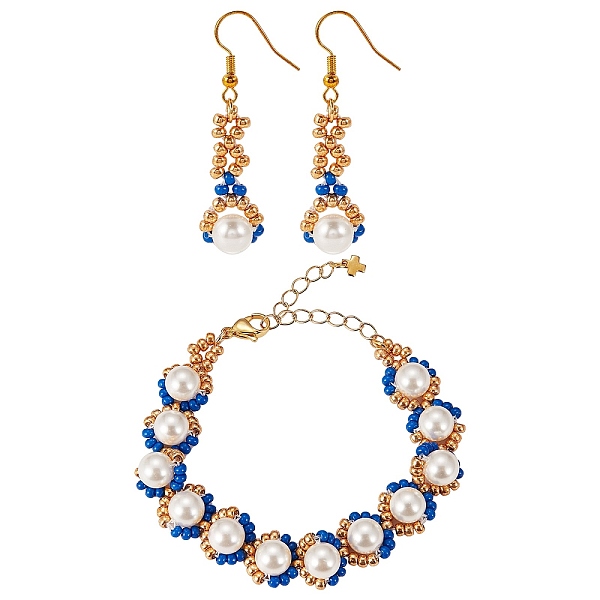 

PandaHall Shell Pearl & Glass Seed Braided Flower Dangle Earring and Beaded Bracelets Set, Brass Wire Wrap Jewelry Set for Women, Blue...