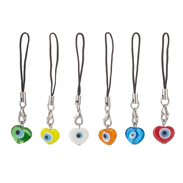 

PandaHall Heart Handmade Evil Eye Lampwork Mobile Strap, with Polyester Cord, Mixed Color, 7.6~7.9cm, 6pcs/set Lampwork Multicolor