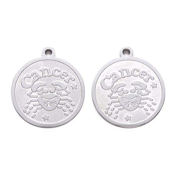 

PandaHall 201 Stainless Steel Pendants, Flat Round with Twelve Constellation, Laser Cut, Stainless Steel Color, Cancer, 25x22x1.5mm, Hole...