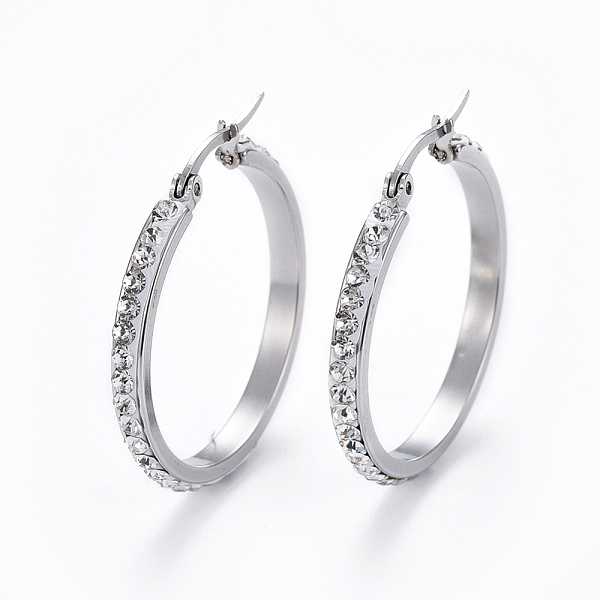 

PandaHall 304 Stainless Steel Hoop Earrings, with Polymer Clay Rhinestone, Crystal, Stainless Steel Color, 32x32x3mm, Pin: 0.7x1mm..., Clear