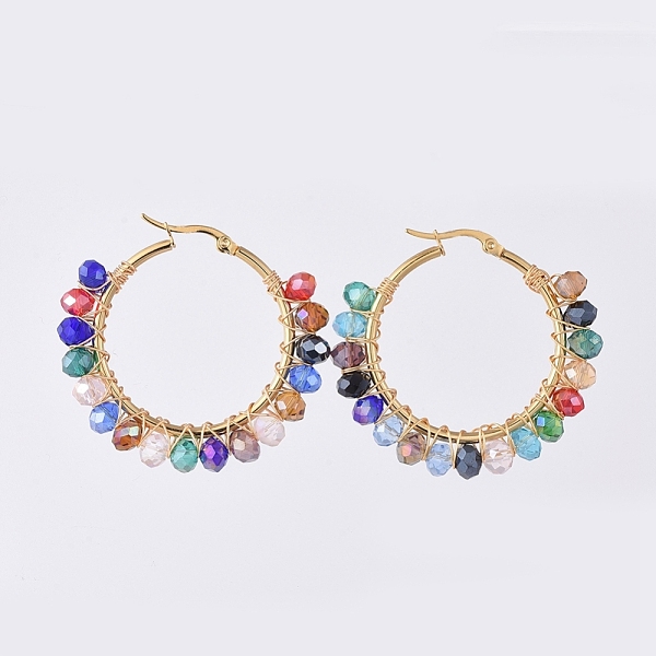 

PandaHall Electroplate Glass Faceted Rondelle Hoop Earrings, with 304 Stainless Steel Earring Hoops, Colorful, 44x45mm, Pin: 0.7x1mm Glass