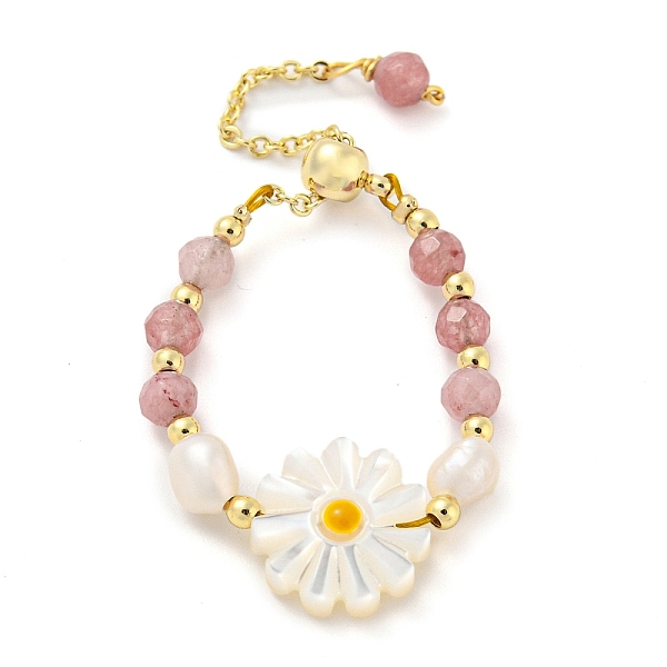 

PandaHall Natural Tourmaline & Pearl & Shell Flower Beaded Slider Finger Rings, with Brass Chains, Real 14K Gold Plated, Inner Diameter...