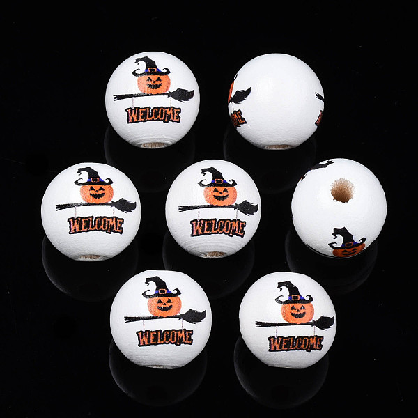 

PandaHall Halloween Printed Natural Wood Beads, Round with Pumpkin & Word Welcome, Coral, 15.5x14.5mm, Hole: 4mm Schima Wood Pumpkin Red