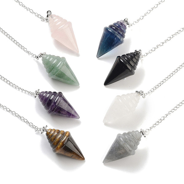 

PandaHall Natural Mixed Stone Pointed Dowsing Pendulums, with Rack Plating Brass Findings, Cone, 245mm Mixed Stone Cone