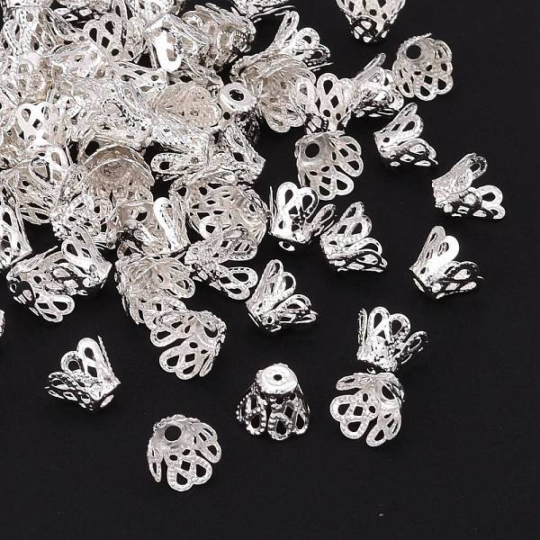 

PandaHall 90pcs Silver Color Plated Iron Bead Caps, Size: about 7mm wide, 9mm long, hole: 1.2mm.90pcs/10g Iron
