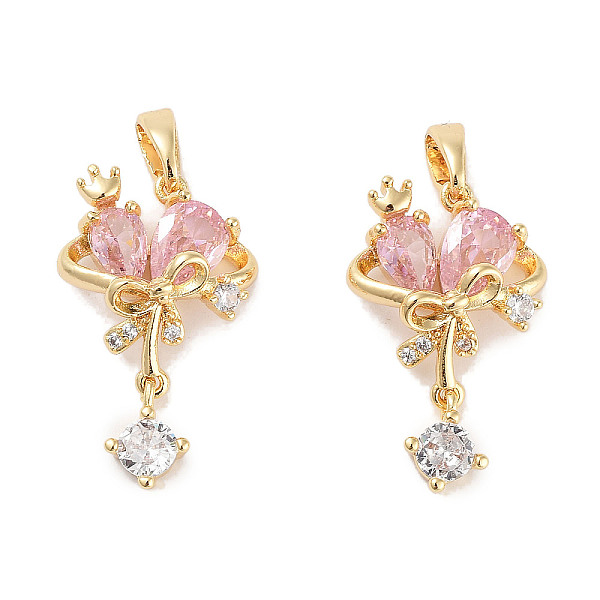 

PandaHall Brass Micro Pave Cubic Zirconia Pendants, Bowknot Charms, Real 18K Gold Plated, 22x13.5x6mm, Hole: 3x4mm Brass+Cubic Zirconia..., Pink