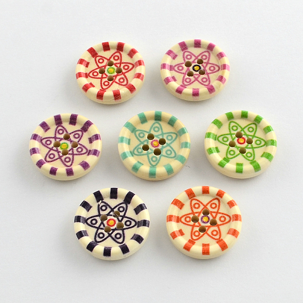 

PandaHall 4-Hole Printed Wooden Buttons, Flat Round, Mixed Color, 20x5mm, Hole: 2mm Wood Flat Round Multicolor