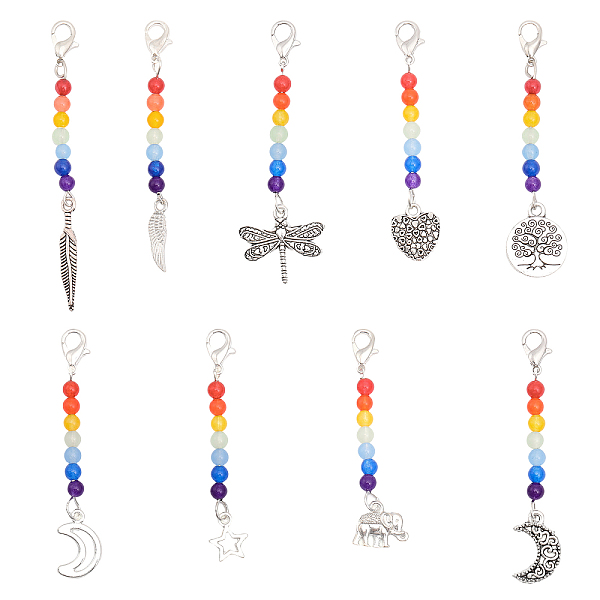 

PandaHall CHGCRAFT 18Pcs 9 Style Chakra Theme Natural & Dyed Malaysia Jade Beaded Pendant Decorations, with Lobster Claw Clasps, Tibetan..., Multicolor