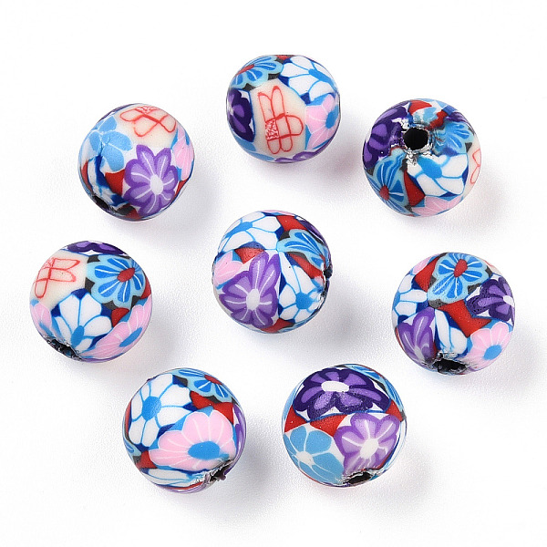 

PandaHall Handmade Polymer Clay Beads, Round with Flower Pattern, Cornflower Blue, 10mm, Hole: 1.5~2mm Polymer Clay Flower