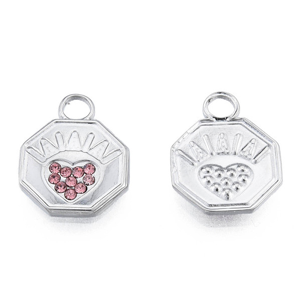 

PandaHall 304 Stainless Steel Pendants, with Light Rose Rhinestone, Octagon with Heart, Stainless Steel Color, 16.5x12.5x2mm, Hole: 3mm..., Pink