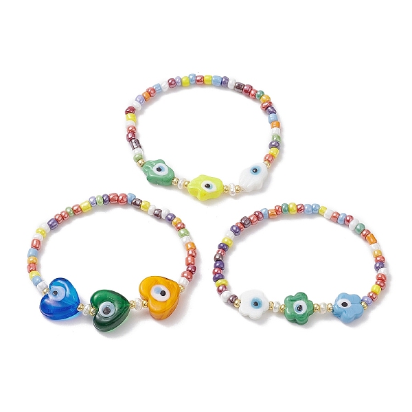 

PandaHall 3Pcs 3 Style Heart & Flower & Hamsa Hand Lampwork & Seed Beaded Stretch Bracelets, Evil Eye Stackable Bracelets for Woman, Mixed..., Multicolor