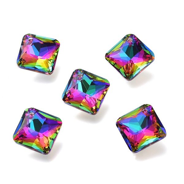 PandaHall Glass Rhinestone Pendants, Back Plated, Faceted, Square/Rhombus, Volcano, 14.5x14.5x6mm, Hole: 1.2mm Rhinestone Square Multicolor