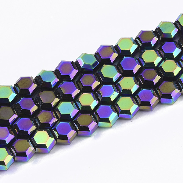 

PandaHall Electroplate Glass Beads Strands, Faceted, Hexagon, Blue Violet, 5x6x4mm, Hole: 1mm, about 100pcs/strand, 20.4 inch Glass Hexagon..., Purple