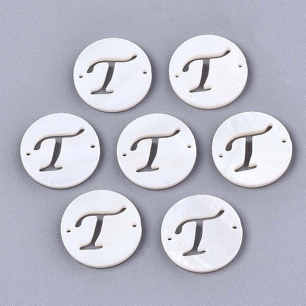 

PandaHall Natural Freshwater Shell Links Connectors, Flat Round with Letter, Letter.T, 14.5x1.5mm, Hole: 0.9mm Shell Letter T