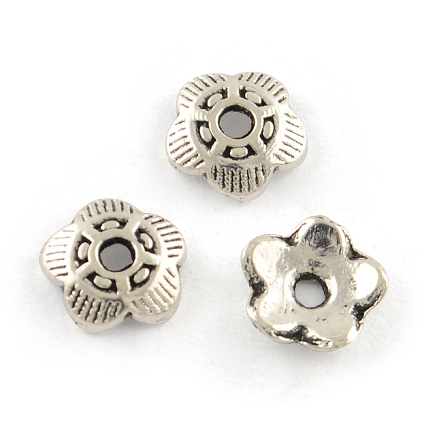 

PandaHall 5-Petal Tibetan Style Alloy Bead Caps, Cadmium Free & Lead Free, Flower, Antique Silver, 6x1.5mm, Hole: 1mm, about 10000pcs/1000g...