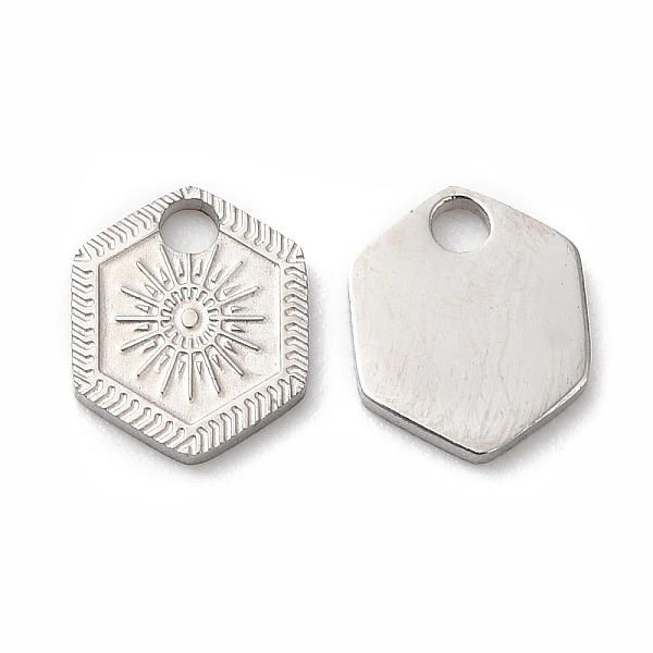 

PandaHall 316L Surgical Stainless Steel Charms, Hexagon with Sun Charm, Textured, Stainless Steel Color, 8.2x7x1mm, Hole: 1.5mm 316L...